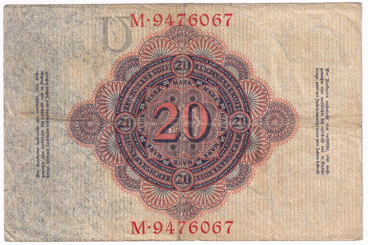 Germany 1914 20 Mark Note, Pick #46b 7 Digit, F (L)