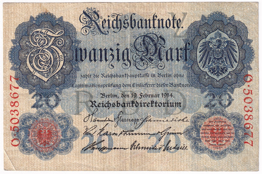 Germany 1914 20 Mark Note, Pick #46b 7 Digit, VF (L)