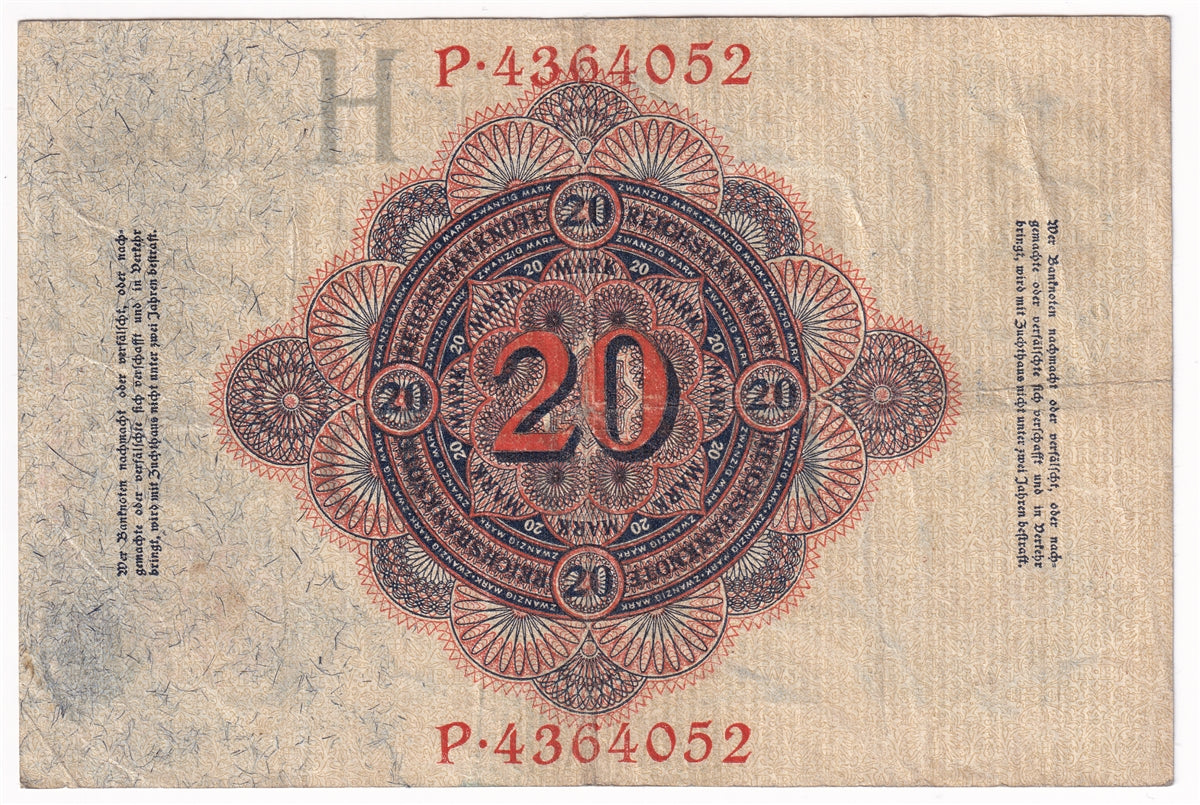 Germany 1914 20 Mark Note, Pick #46b 7 Digit, F-VF (L)