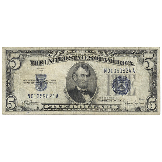 USA 1934C $5 Note, FR #1653, Julian-Snyder, Silver Certificate, F-VF