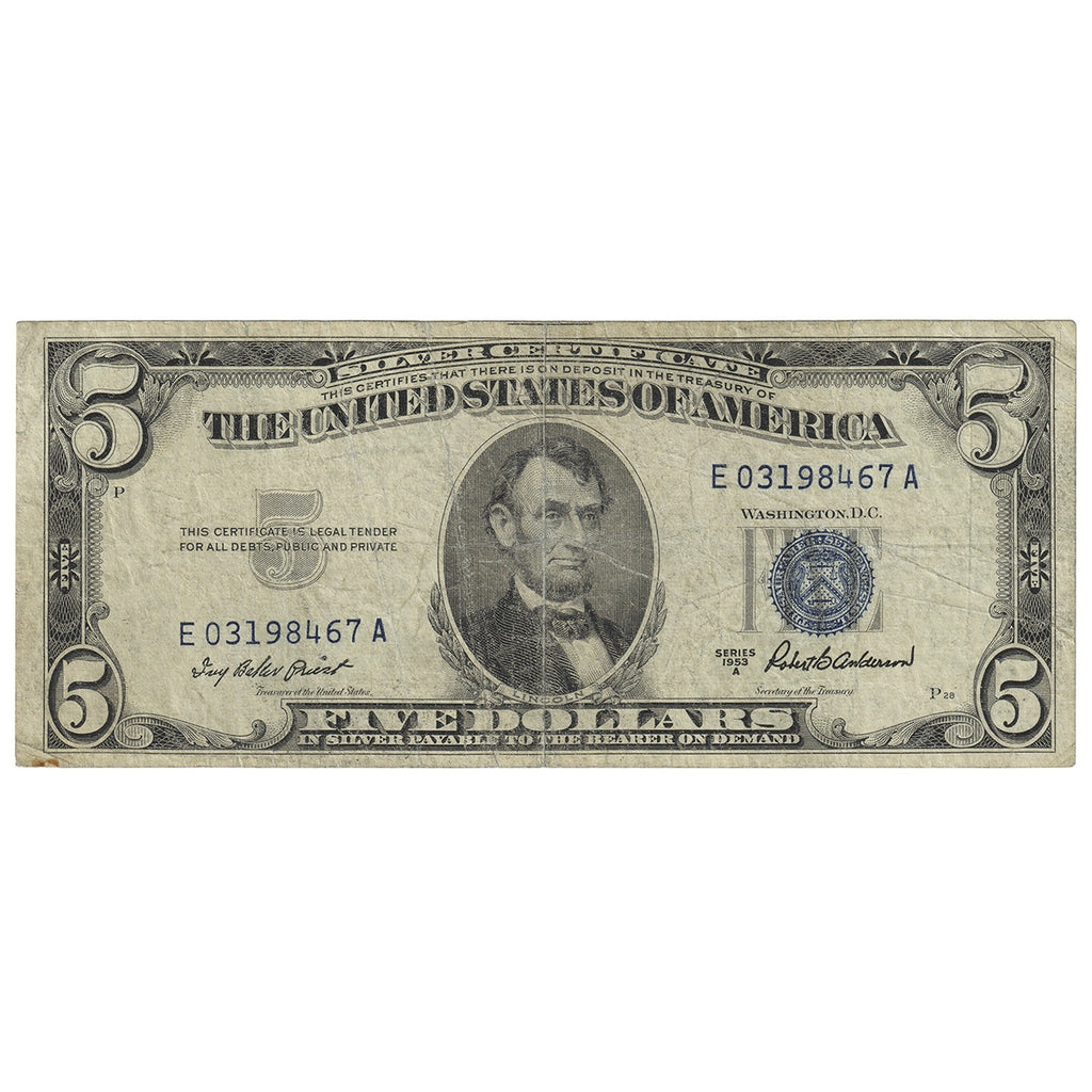 USA 1953A $5 Note, FR #1533, Priest-Anderson, Silver Certificate, CIRC