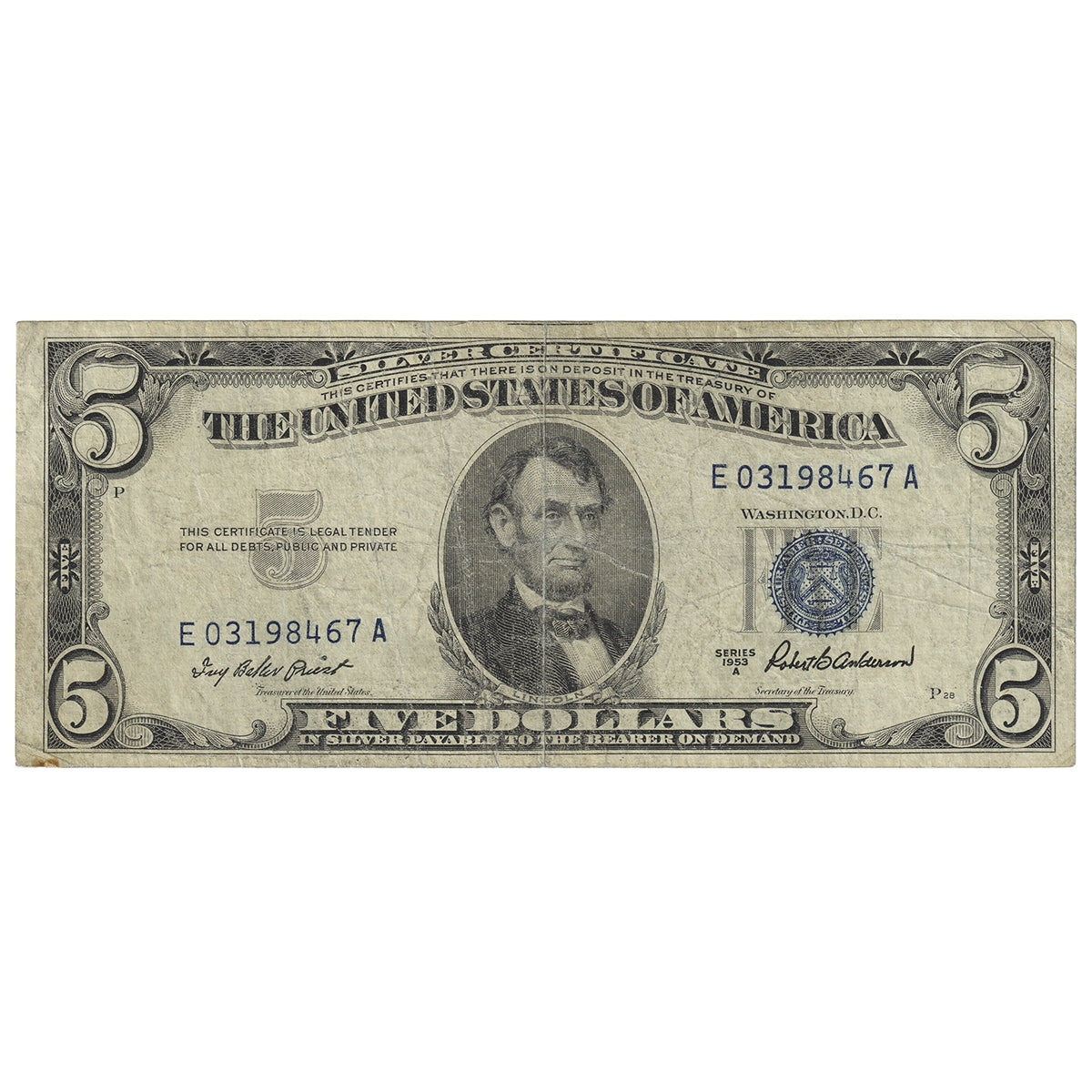 USA 1953A $5 Note, FR #1533, Priest-Anderson, Silver Certificate, CIRC