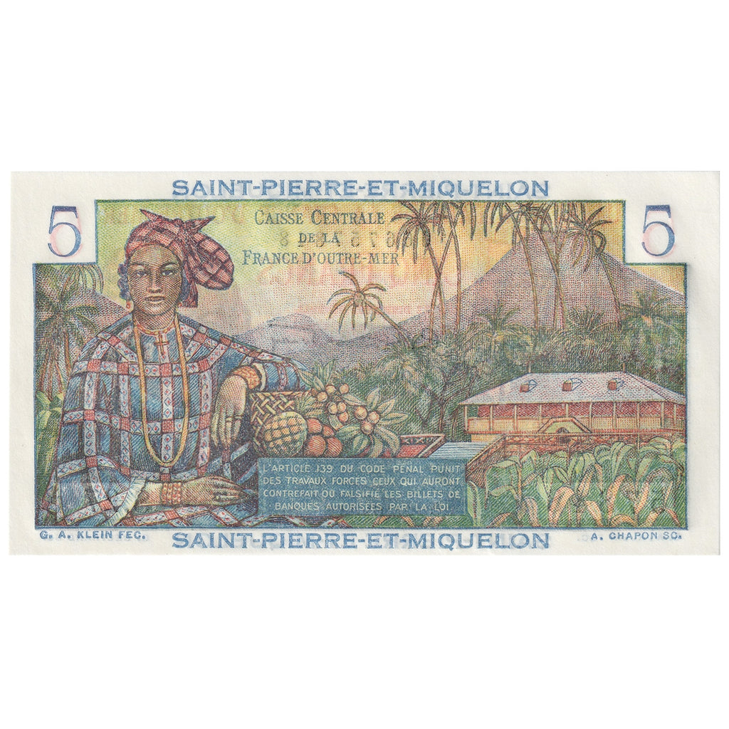 St. Pierre & Miquelon 1950-1960 5 Franc Note, Pick #22, UNC