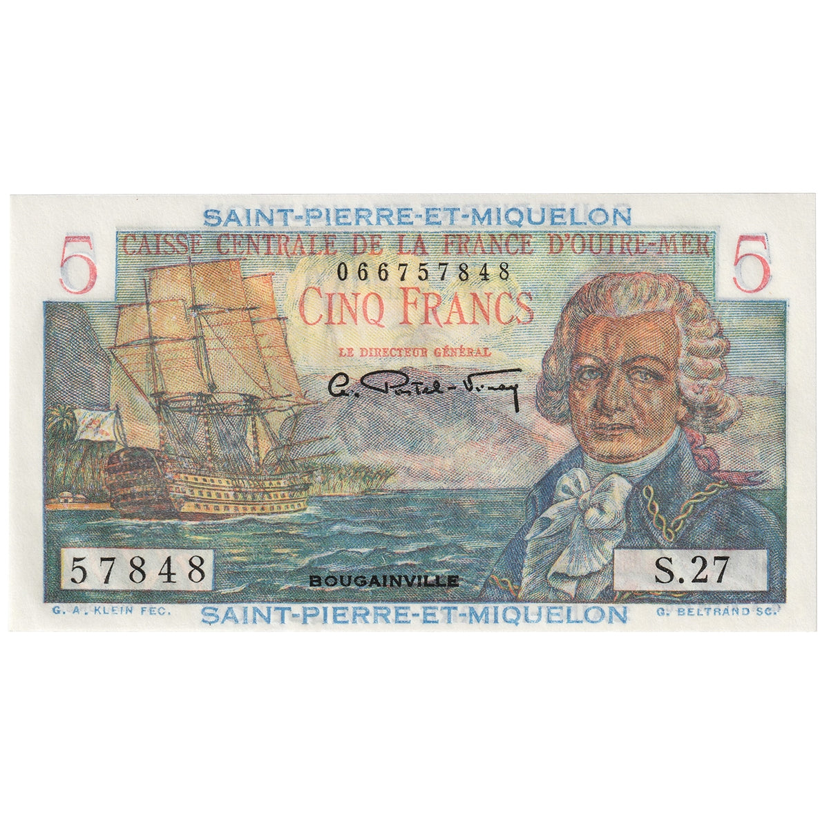 St. Pierre & Miquelon 1950-1960 5 Franc Note, Pick #22, UNC