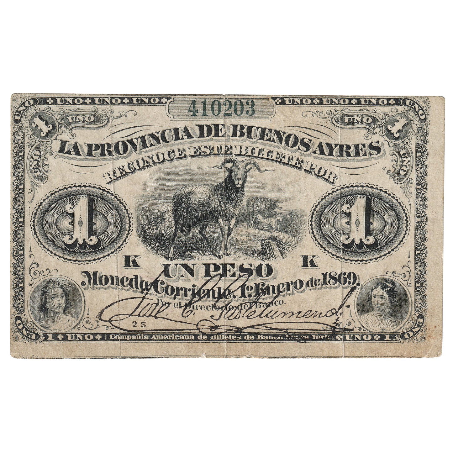 Argentina 1869 1 Peso Note, Pick #S481, EF