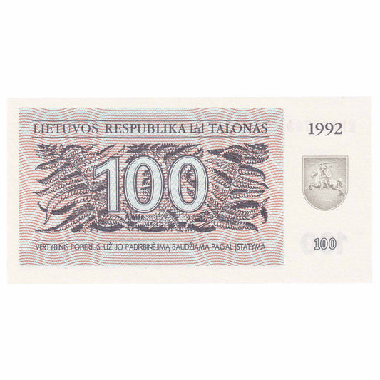 Lithuania 1992 100 Talona Note, Pick #42, UNC