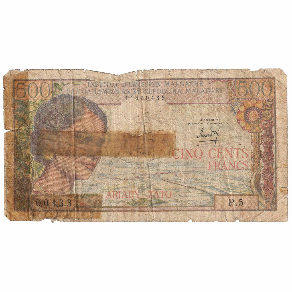 Madagascar 1966 500 Francs=100 Ariary Note, Pick #58a, Circ