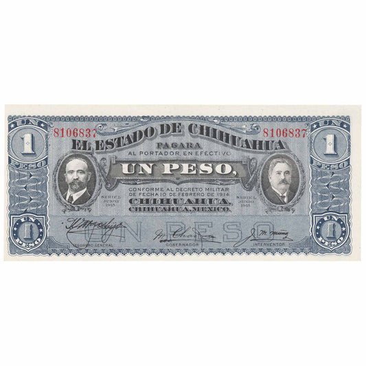 Mexico El Estado de Chihuahua 1914 Un Peso Note, Pick #529g, UNC