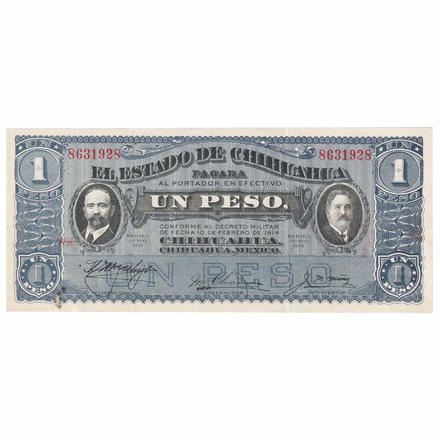 Mexico El Estado de Chihuahua 1914 Un Peso Note, Pick #529g, VF