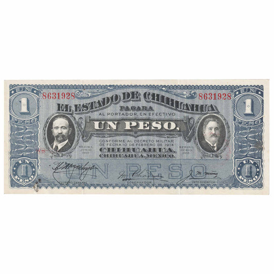 Mexico El Estado de Chihuahua 1914 Un Peso Note, Pick #529g, VF