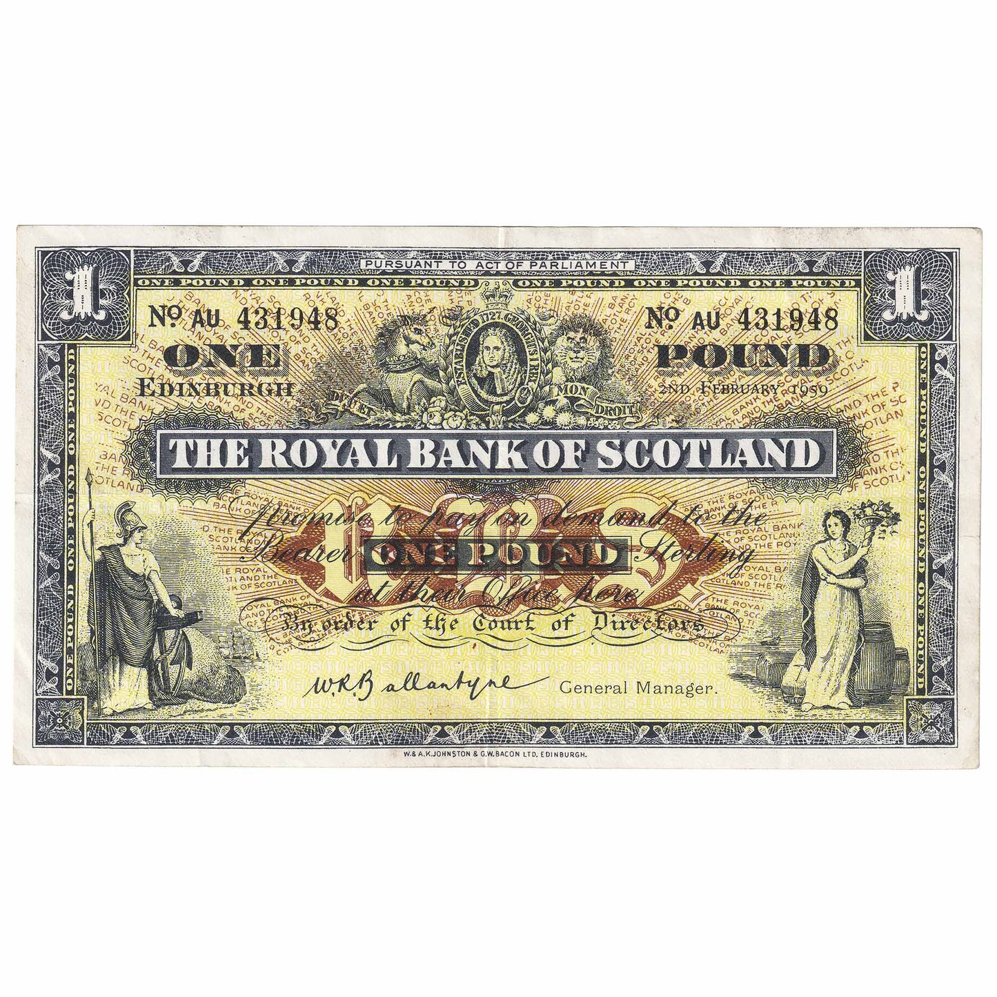 Scotland 1959 Royal Bank of Scotland 1 Pound Note, SC803, VF-EF