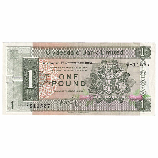 Scotland 1969 Clydesdale Bank 1 Pound Note, Pick #202, VF-EF