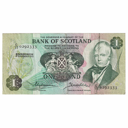 Scotland 1972 Bank of Scotland 1 Pound Note, SC109b, VF-EF