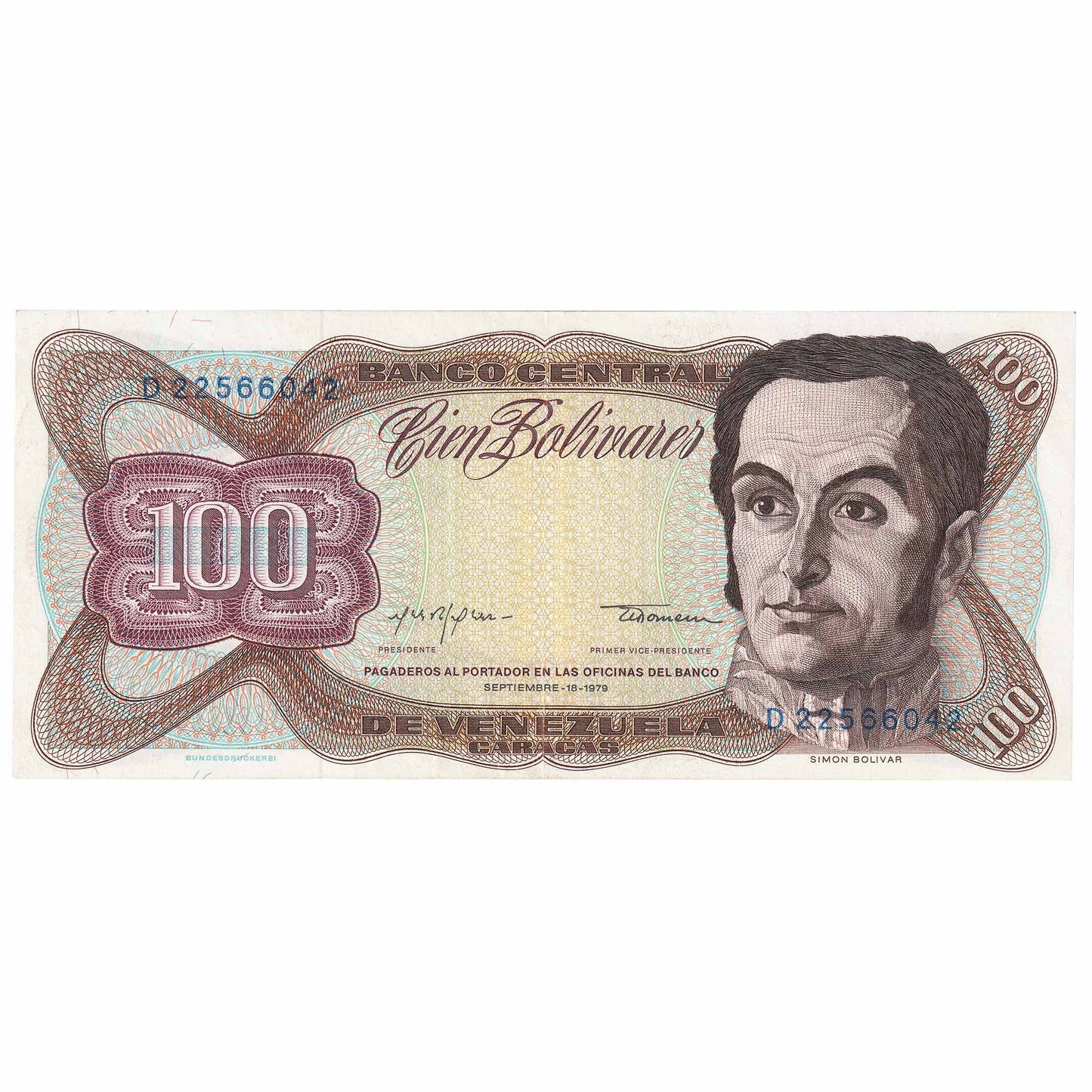 Venezuela 1979 100 Bolivares Note, Pick #55f, EF-AU