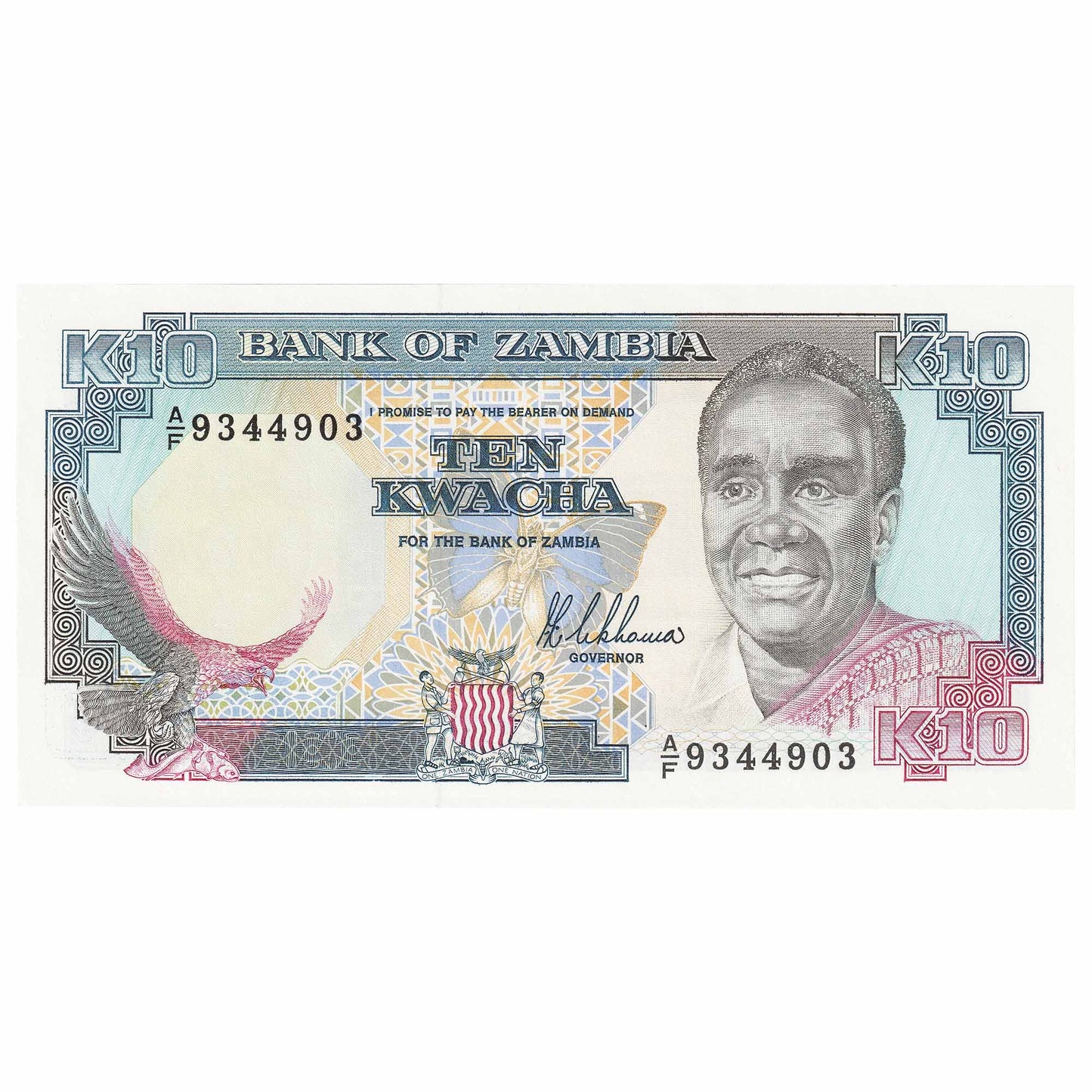 Zambia 1989-91 10 Kwacha Note, Pick #31a, Signature 8, UNC