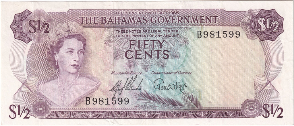 Bahamas 1965 1/2 Dollar Note, Pick #17a, VF