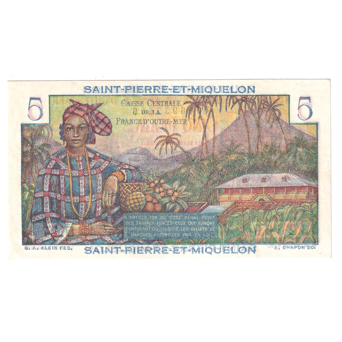 St. Pierre-et-Miquelon 1947 5 Franc Note, Pick #41a, UNC