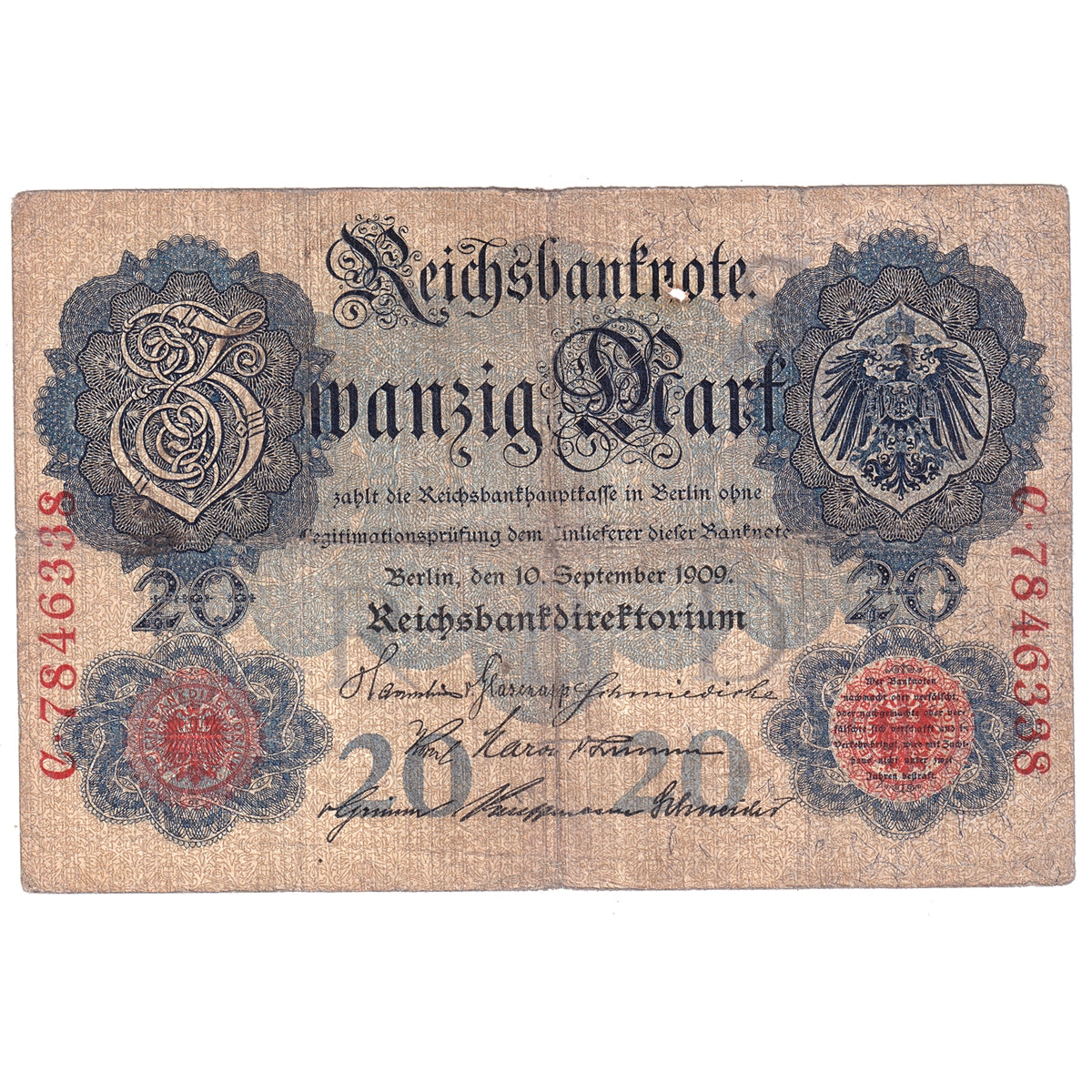 Germany 1909 20 Mark Note, Pick #37, VG (holes)