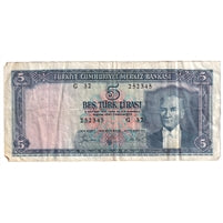 Turkey 1961 5 Lira Note, Pick #173a, VF