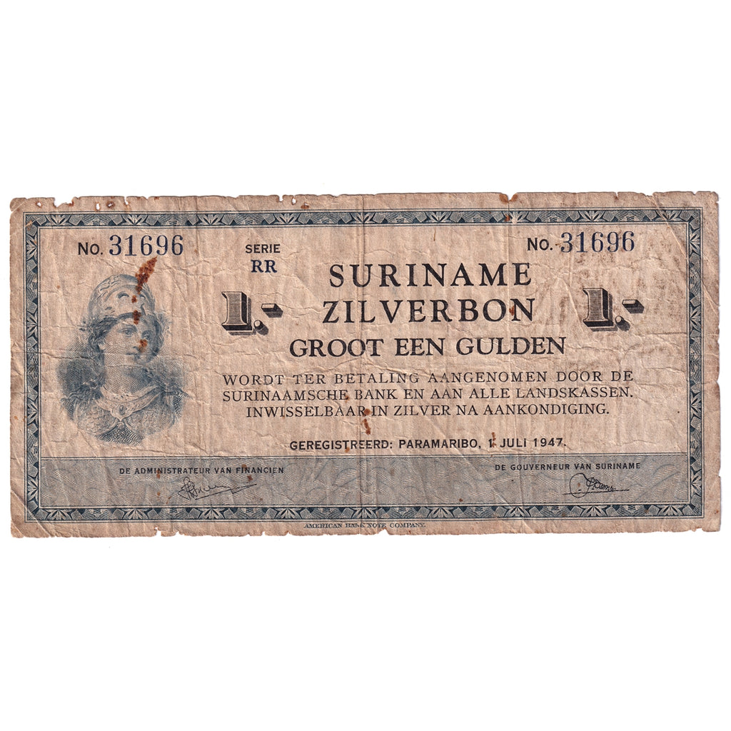 Suriname 1947 1 Gulden Note, Pick #105d, Fine (damaged)