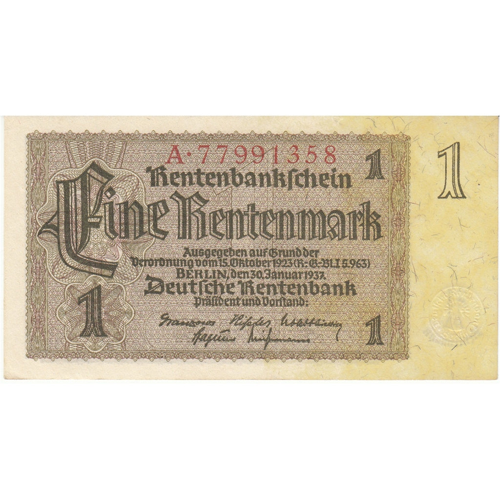 Germany 1937 1 Rentenmark Note, Pick #173b, F-VF