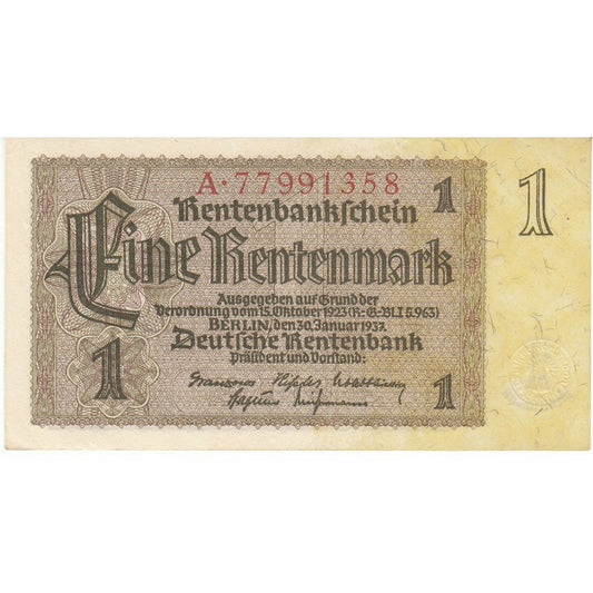 Germany 1937 1 Rentenmark Note, Pick #173b, F-VF