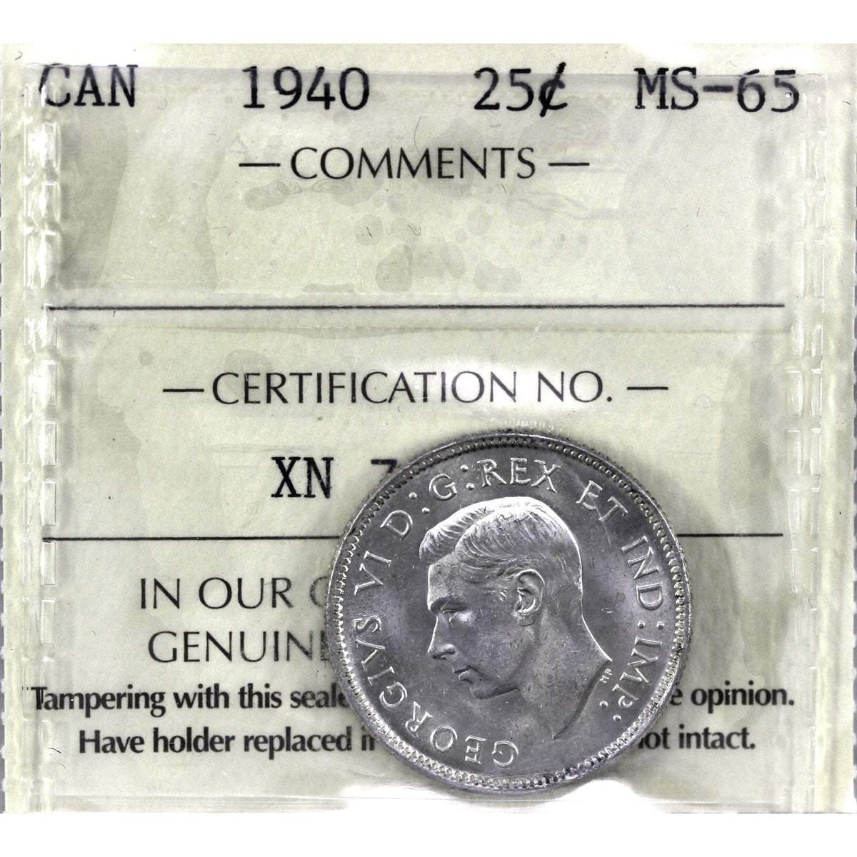 1940 Canada 25-cents ICCS Certified MS-65