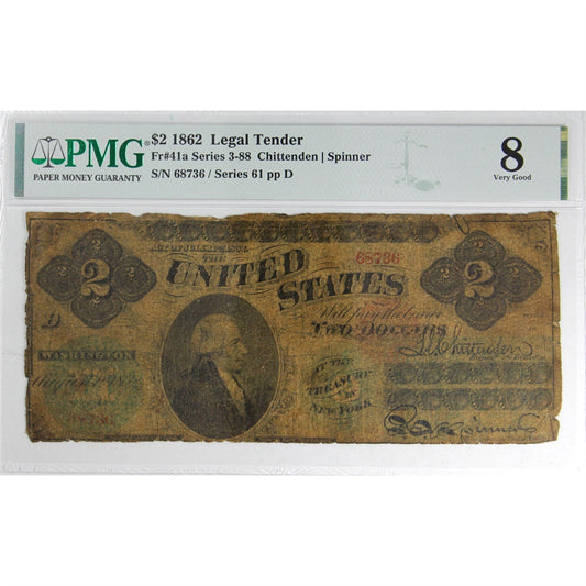 USA 1862 $2 Note, FR #41a, Chittenden-Spinner, Series 3-88, Series 61 PMG Certified VG-8