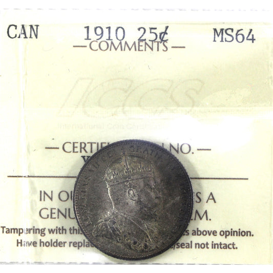 1910 Canada 25-cents ICCS Certified MS-64. Strong Strike Details!