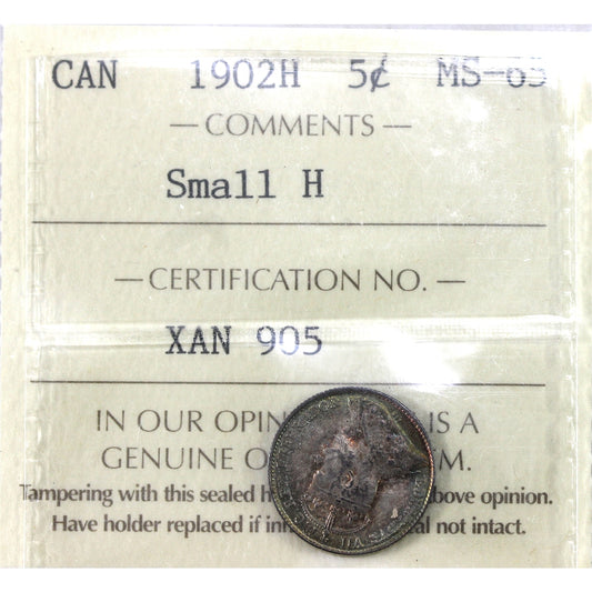 1902H Small H Canada 5-cents ICCS Certified MS-65