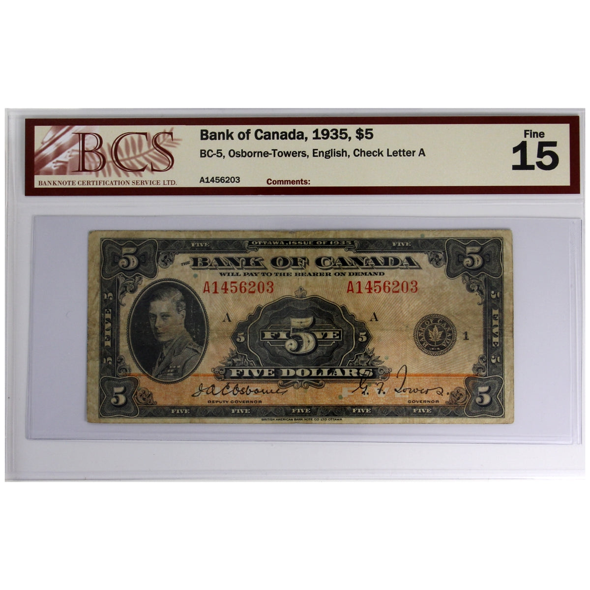 BC-5 1935 Canada $5 Osborne-Towers, English, Check Letter A, BCS Certified F-15