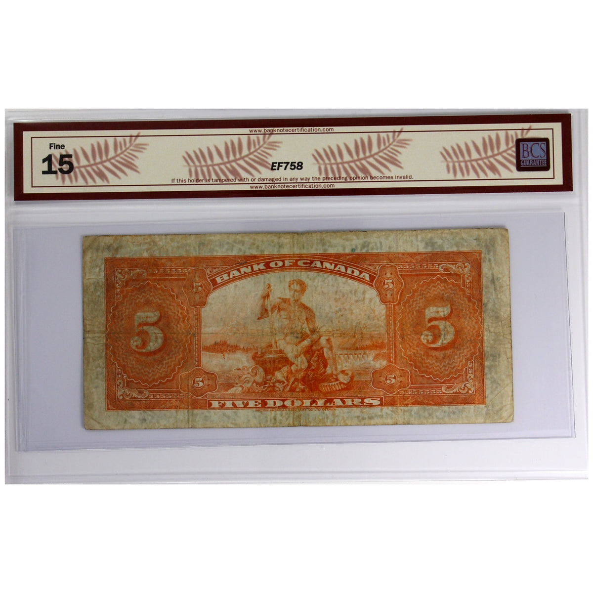 BC-5 1935 Canada $5 Osborne-Towers, English, Check Letter A, BCS Certified F-15