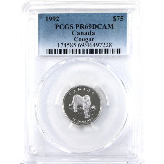 1992 Canada $75 Cougar 1/4oz. .9995 Platinum PCGS Certified PR-69 Deep Cameo (No Tax)