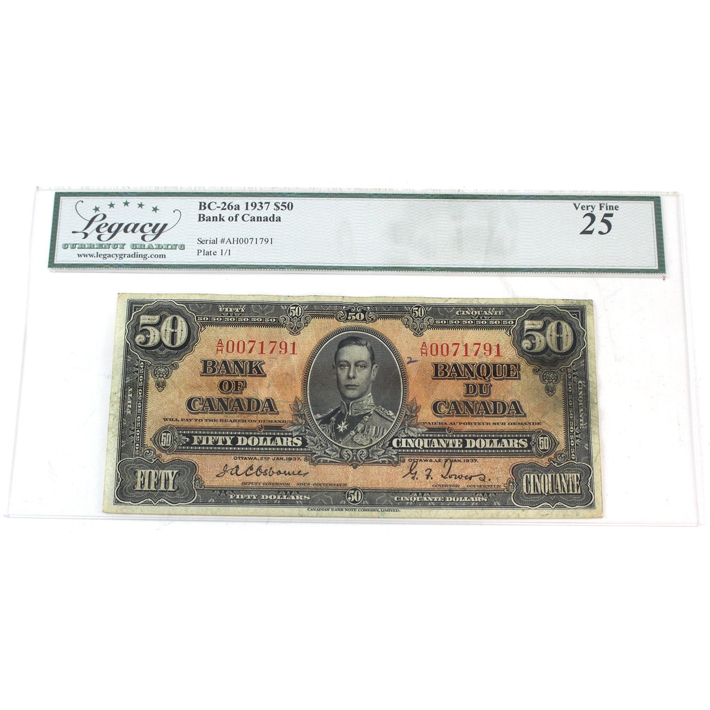 BC-26a 1937 Canada $50 Osborne-Towers, A/H Legacy Certified VF-25 (writing/staining)