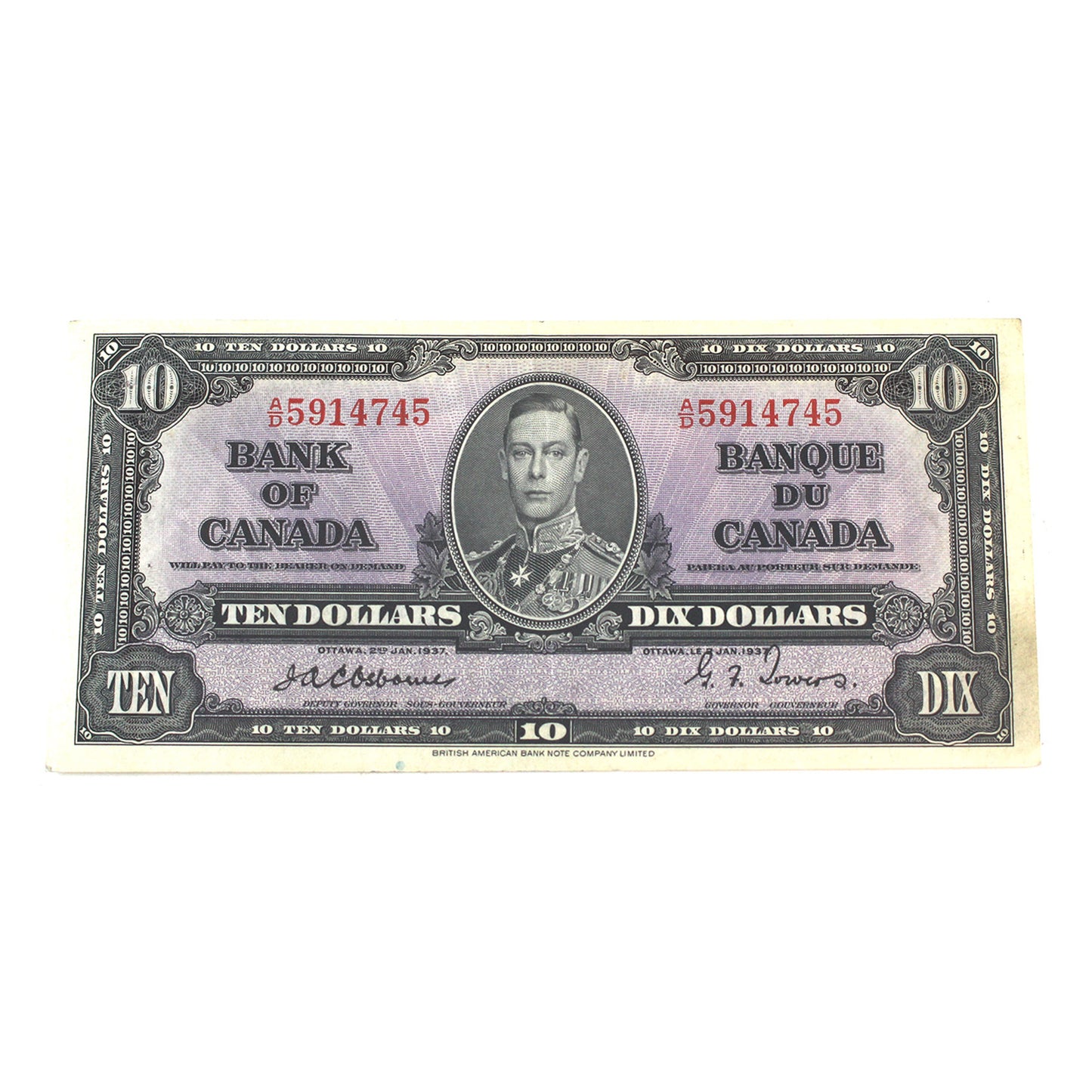 BC-24a 1937 Canada $10 Osborne-Towers, A/D PCGS Certified EF-45 (pinholes)