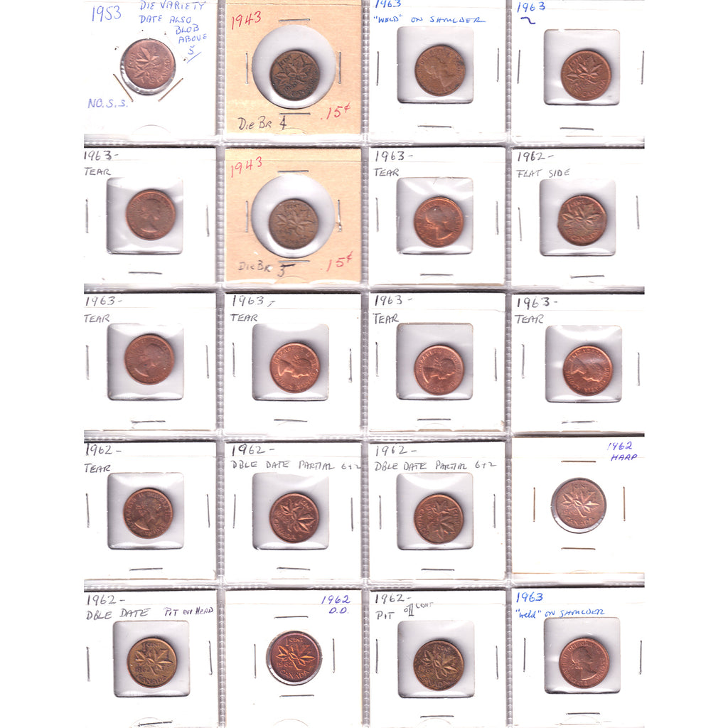 Lot of 20x 1943-1963 Canada 1-Cent, Ungraded (Some have tears, repeats) 20Pcs.