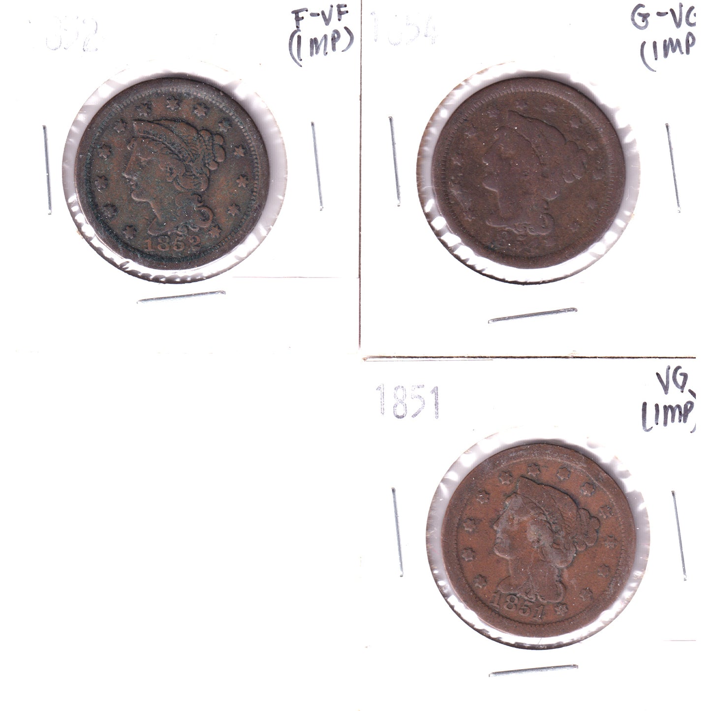 Lot of 3x 1851-1854 USA Cent, G-VG to F-VF (Impaired) 4Pcs.