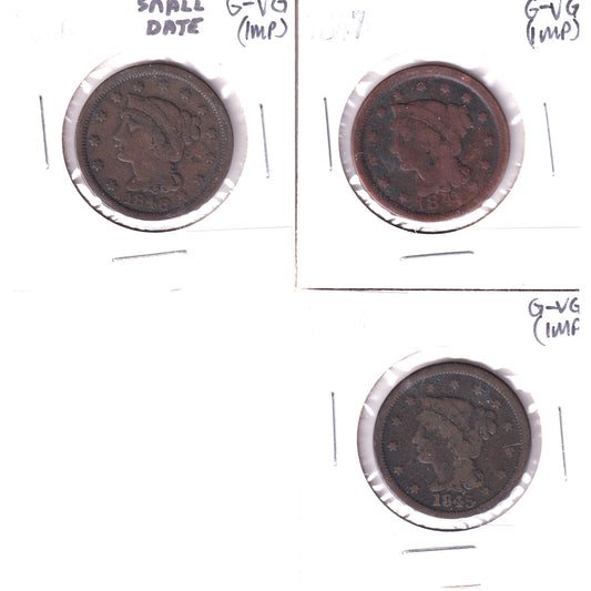 Lot of 3x 1845-1847 USA Cent, All G-VG (Impaired) 3Pcs.