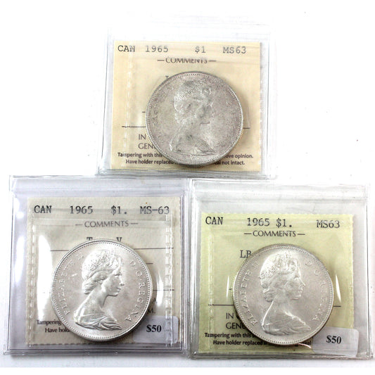 Lot of 3x 1965 Canada Dollar ICCS Certified MS-63, 3Pcs.