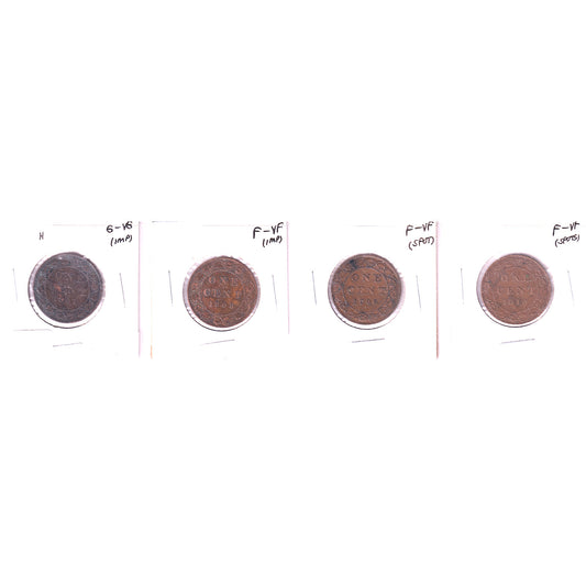 Lot of 4x 1907-1910 Canada 1-Cent, F-VG to F-VF, 4Pcs. (Impaired)