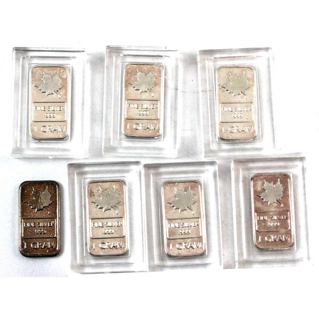 Lot of 7x Mixed Designs 1 gram .999 Silver bars, 7Pcs. (No Tax)