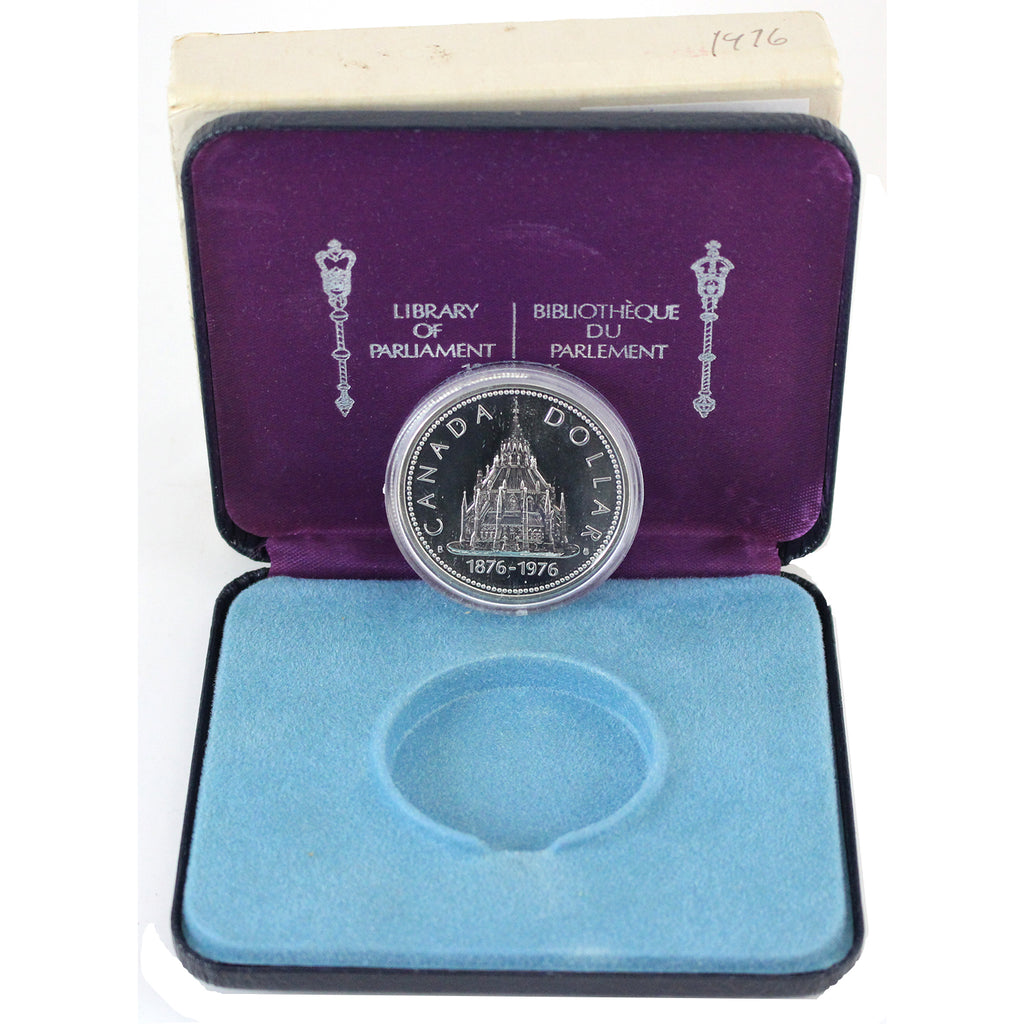 1976 Canada "E" `Cased Silver Dollar: Library of Parliament