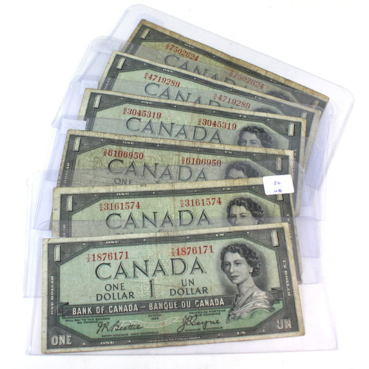 Lot of 6x 1954 Canada $1 Notes, Devil's Face, Circ, 6Pcs