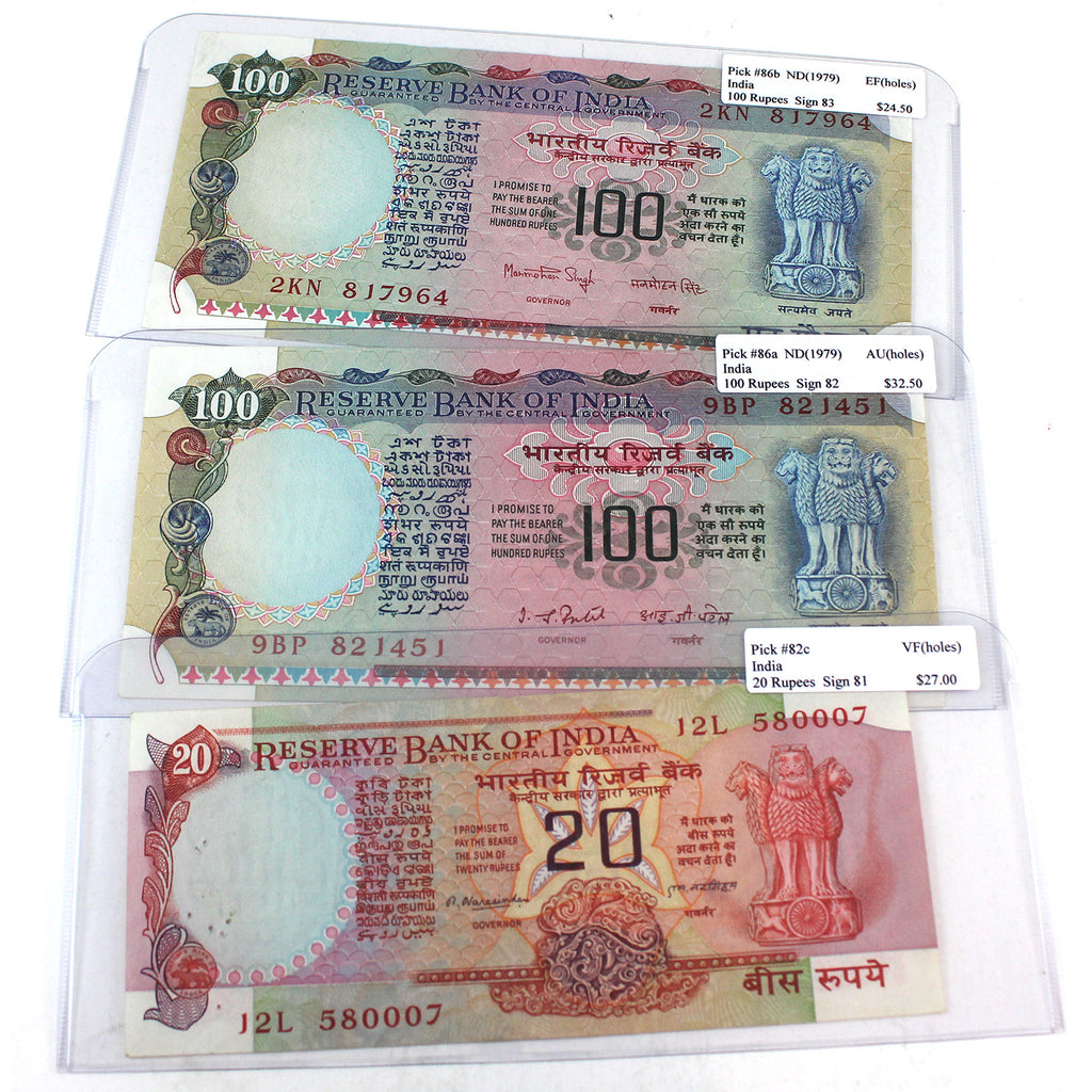 3x India Notes, ~1979, 20 & 100 Rupees, VF, EF & AU, 3Pcs (Holes)