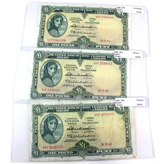 Lot of 3x Ireland Notes, 1962 £1, VF or VF-EF, 3Pcs (Tears or writing)