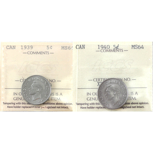 Pair of 1939 & 1940 Canada 5-cents ICCS Certified MS-64 (2pcs)