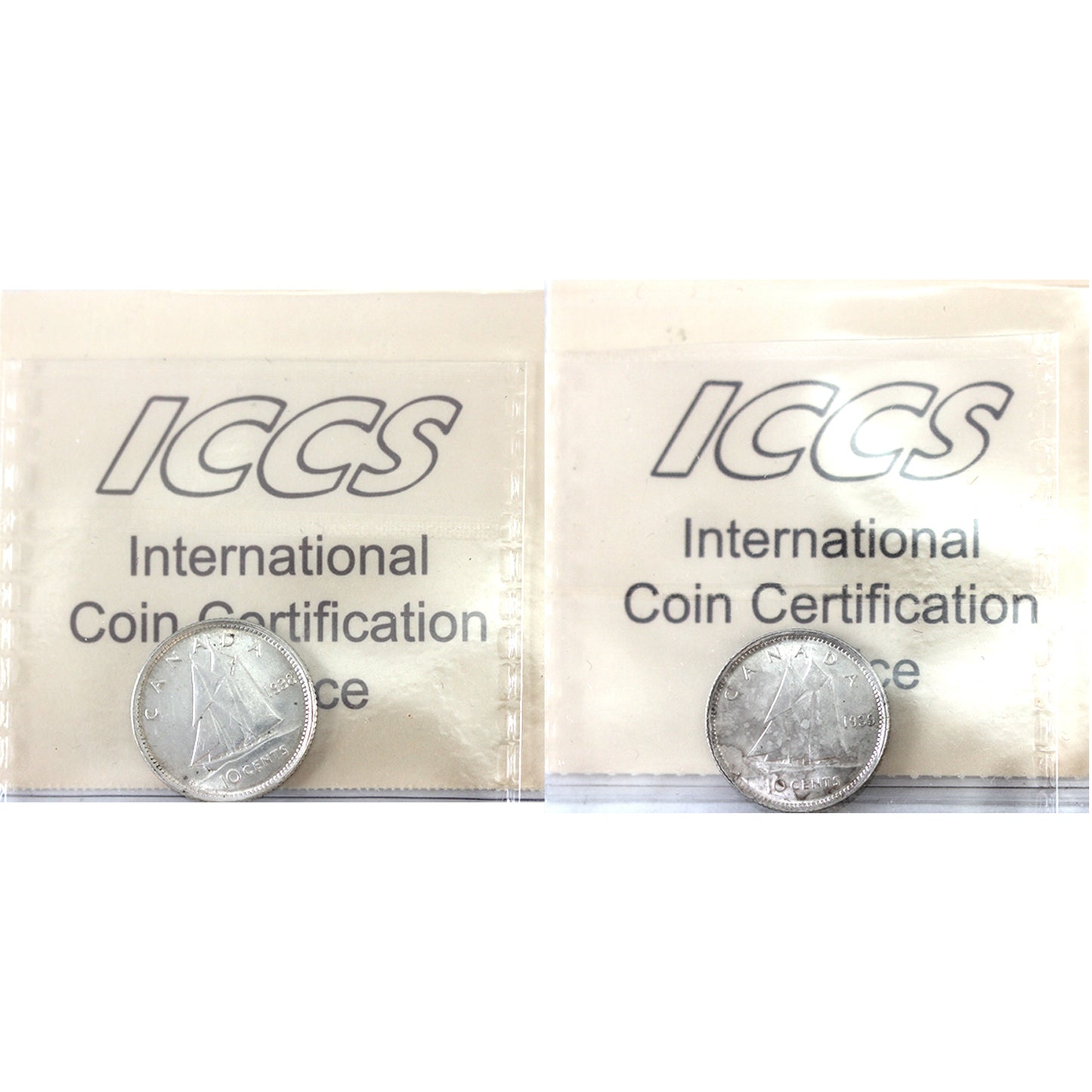 Pair of 1938 & 1939 Canada 10-cents ICCS Certified MS-64 (2pcs)