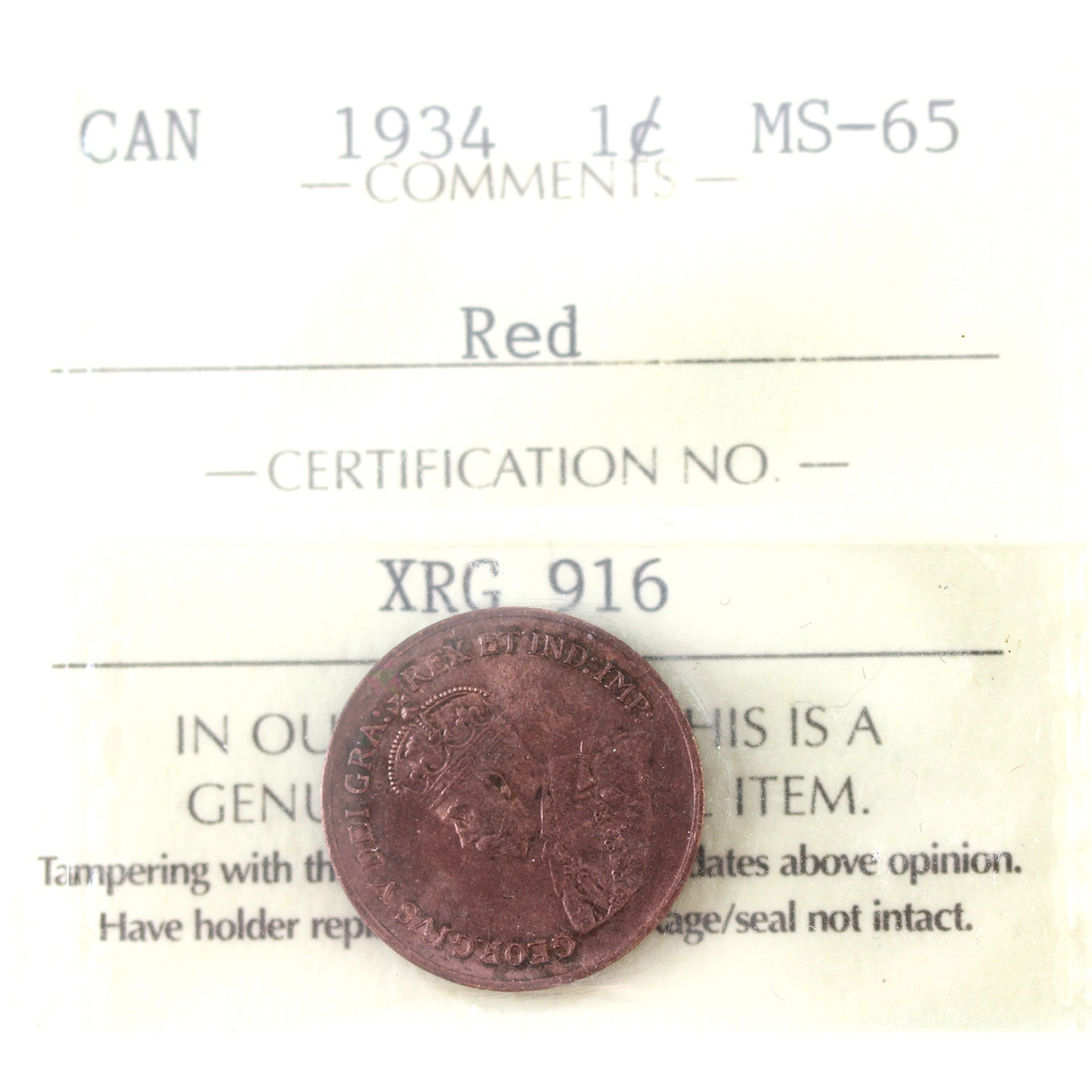 1934 Canada 1-cent ICCS Certified MS-65 Red