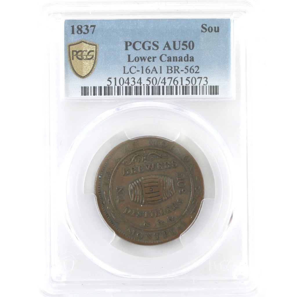 LC-16A1 1837 Lower Canada THS & WM Molson Brewers Un Sou Token PCGS Certified AU-50