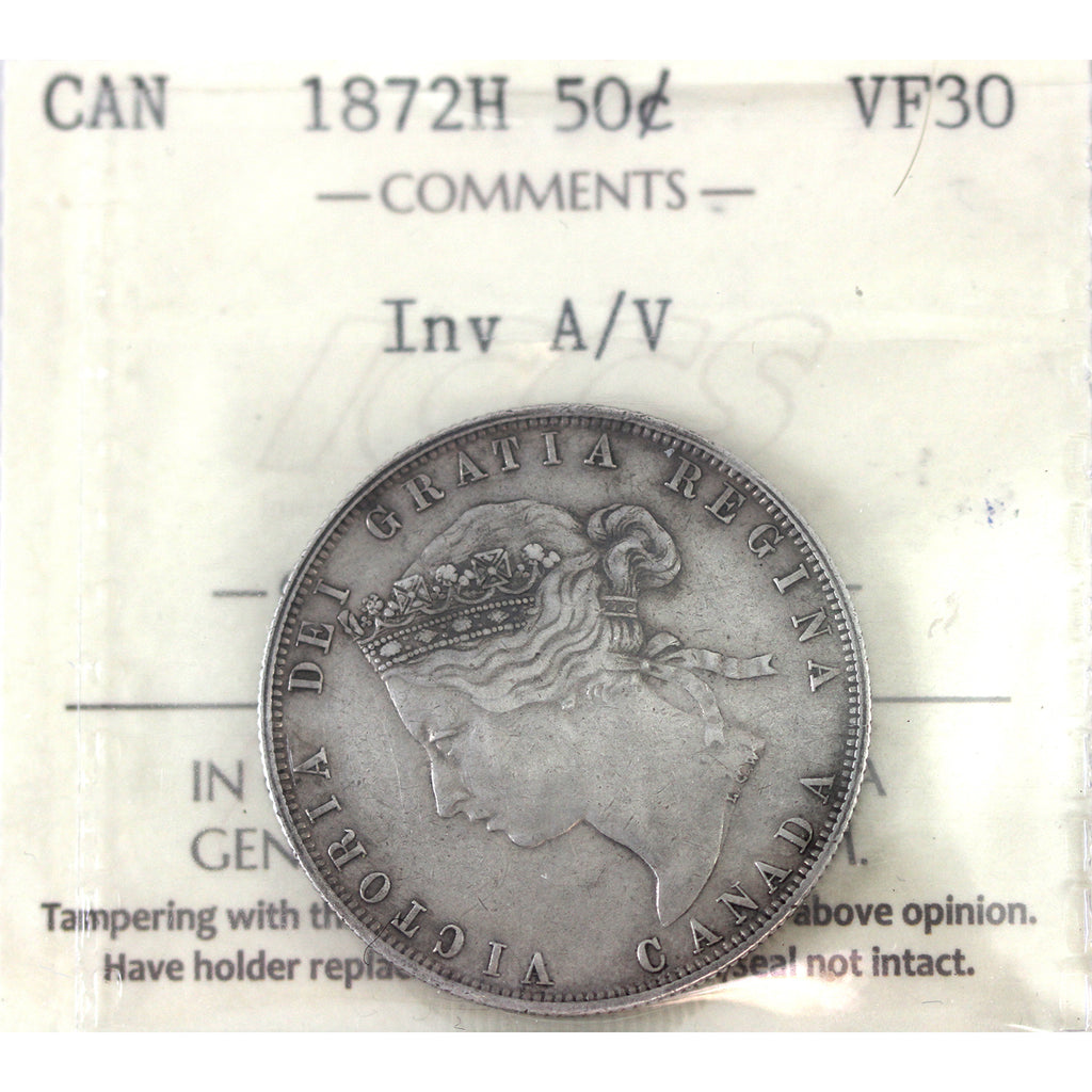 1872H Inverted A/V Canada 50-cents ICCS Certified VF-30